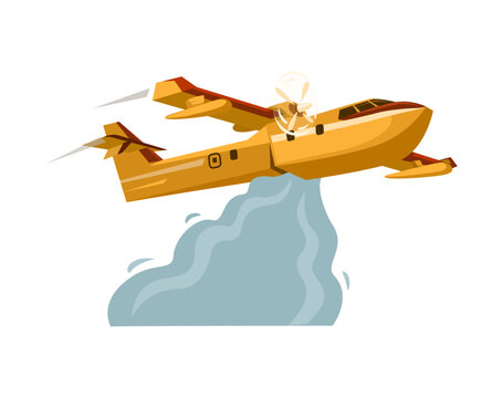 Firefighting Aircraft Dropping Water to Extinguish Forest Fire Vector Illustration