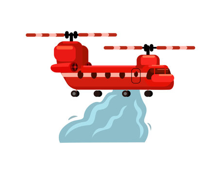 Firefighting Helicopter Dropping Water to Extinguish Forest Fire Vector Illustration