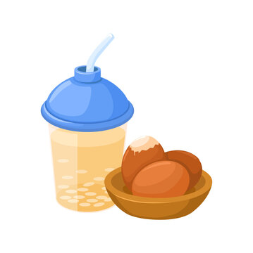 Korean Sikhye Rice Drink Bottle with Boiled Eggs Traditional Snack Vector Illustration