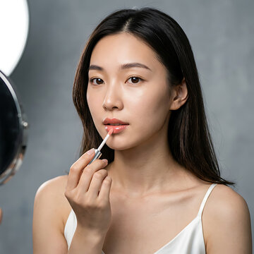 Young woman applying lipstick in front of a mirror with a neutral background creating a natural beauty scene