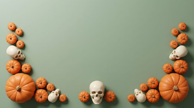 Halloween pumpkins and skulls arranged on green background