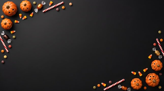 Halloween candy and mini pumpkins on dark background with scattered treats