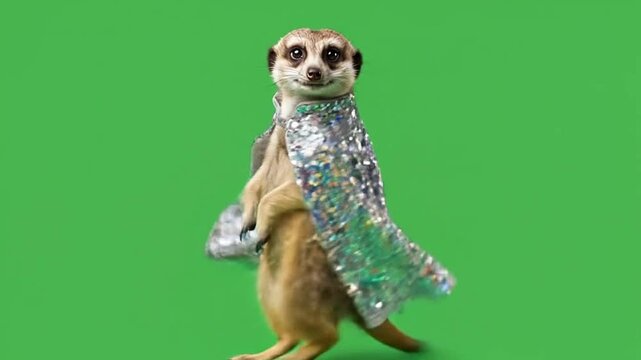 Meerkat wearing sparkling silver cape on green background.