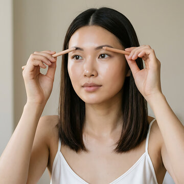 Young woman practicing eyebrow grooming technique for beauty enhancement on neutral background