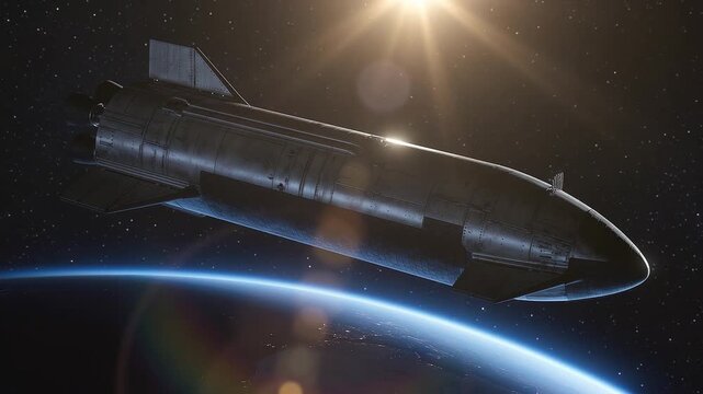 Spacecraft ascending through the atmosphere, illuminated by sunlight, showcasing sleek design and metallic surface against the backdrop of Earth and stars in the vast universe
