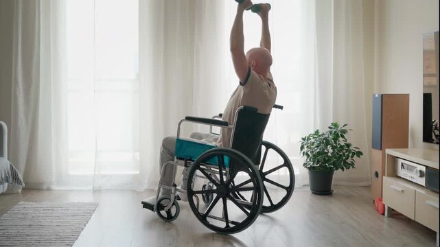 4K motivated bald man in a wheelchair lifting small green dumbbells at home. Physical therapy, rehabilitation training, upper body workout for a disabled person, and healthy lifestyle