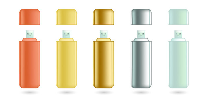 Colorful USB flash drives in various metallic finishes on transparent background