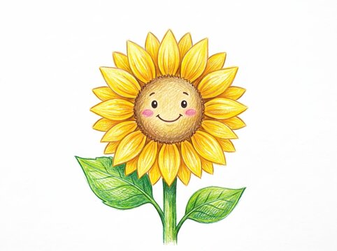 Cheerful Hand-Drawn Sunflower Character with Smiling Face and Bright Yellow Petals