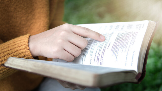 A hand opening a Bible and guiding the reader through its text amidst lush greenery, reflecting on God's word, hope, faith, and quiet devotion in a natural setting.