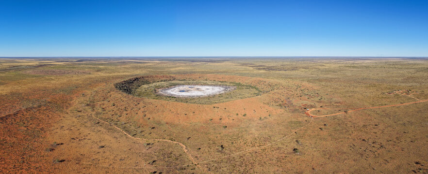 High resolution panoramic aerial view of Wolfe Creek Meteorite Crater in the remote Kimberley region of Western Australia