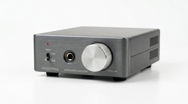 Audiophile headphone amplifier with brushed metal finish, compact desktop audio preamp, professional hifi sound equipment on white background