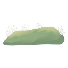 Ilustracja wektorowa przedstawiająca zielony pagórek porośnięty trawą i drobnymi polnymi kwiatami na czystym białym tle, idealna do projektów graficznych o tematyce przyrodniczej i ekologicznej.
