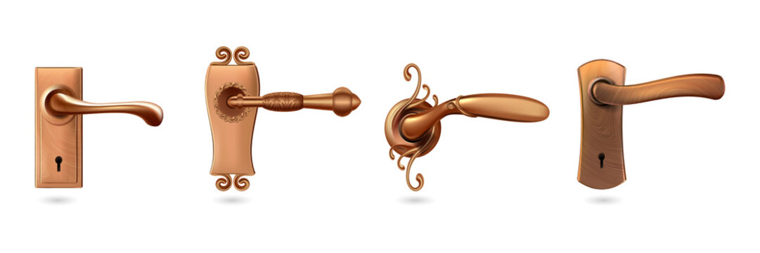 Golden door handles in various designs on transparent background