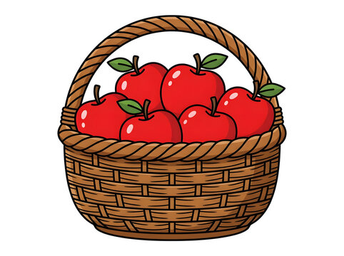 Red apples overflowing woven basket vector illustration, fresh apple harvest
