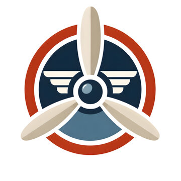 Vintage style airplane propeller emblem with wings and circular frame design.