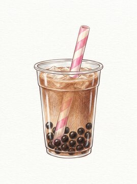 Delicious Bubble Tea with Chocolate Flavor and Pink Striped Straw in Clear Cup