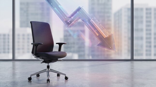 Three dimensional render of office chair standing under colorful graph arrow representing economic recession .vector
