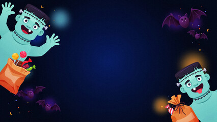 Fototapeta premium Halloween Background with Frankenstein Characters, Candy Bags and Bats on Dark Blue Backdrop, Copy Space