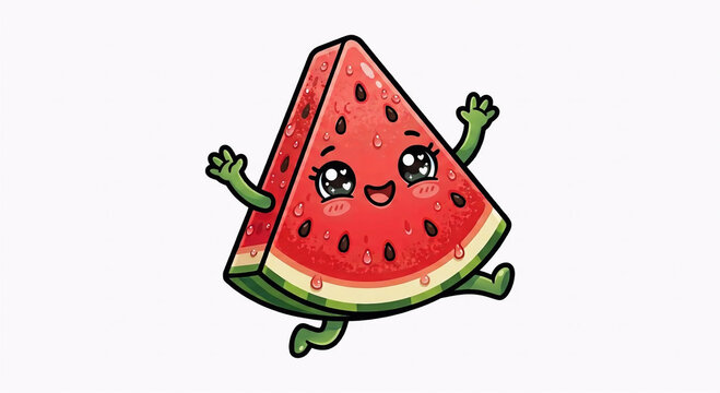 Cute kawaii watermelon slice character with water drops, cartoon fruit illustration
