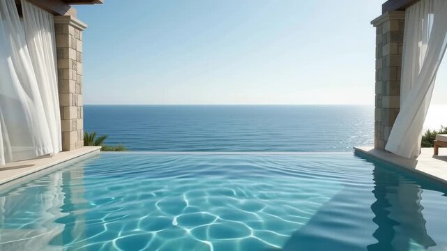 Private infinity swimming pool overflowing into calm deep blue ocean, white sheer curtains and stone pillars of luxury resort villa.
