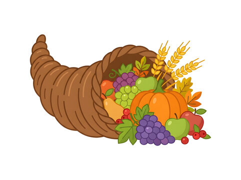 Vector cornucopia overflowing with fruits, thanksgiving harvest horn illustration
