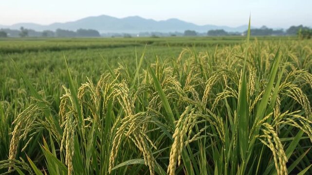 Lush green rice paddy with plump drooping grain heads ready for harvest, hazy blue mountains, gentle morning light, vast serene landscape.