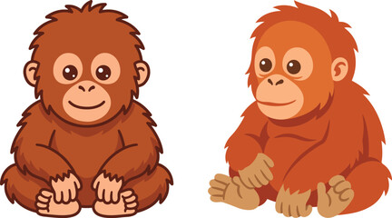 Fototapeta premium Cute cartoon orangutan characters sitting side by side, isolated on a white background, suitable for animal illustration, children’s design, and educational projects.