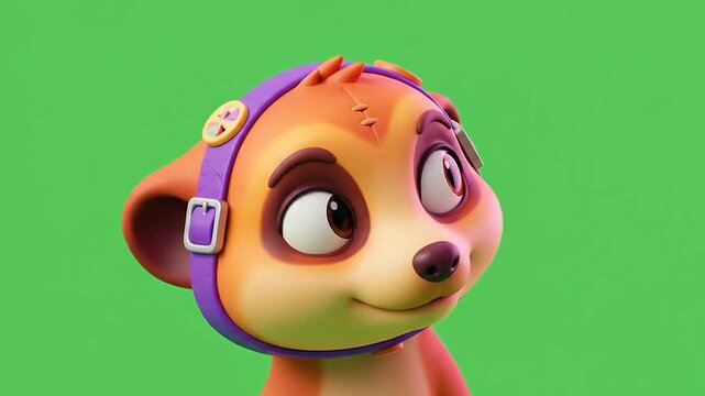 3D cartoon meerkat wearing purple headphones smiling with eyes closed on green background