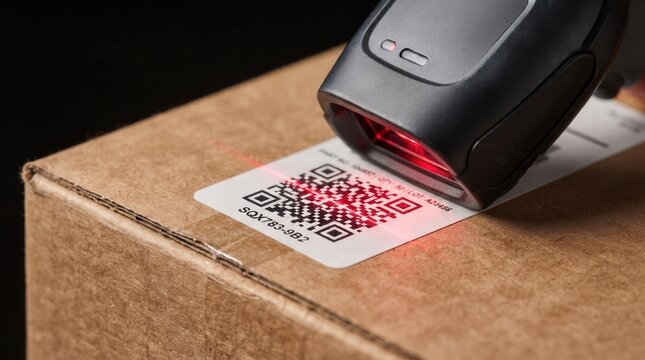 Handheld barcode scanner scanning a QR code on a cardboard box with a red laser light. Barcode scanner tracking parcel inventory for logistics management and supply chain automation.