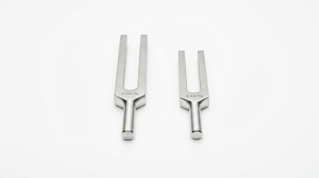 Professional steel tuning forks for music and science. Pair of metallic acoustic tuning forks on white background. Musical pitch tools for calibration.