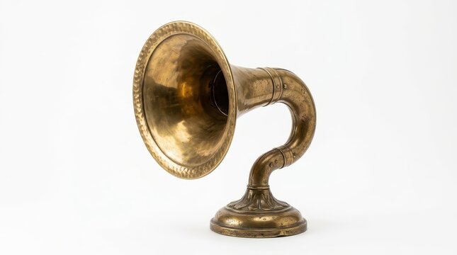 Vintage brass gramophone horn, antique golden speaker trumpet with curved neck, retro acoustic phonograph part isolated on white background