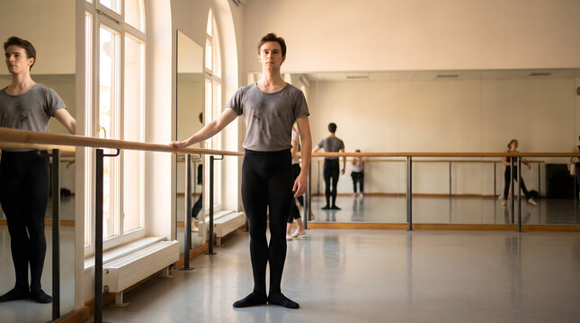 Male ballet dancer practices at the barre in a bright dance studio, with other dancers in the background.