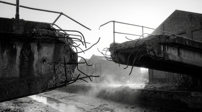 Broken concrete footbridge with exposed rebar over misty waterway