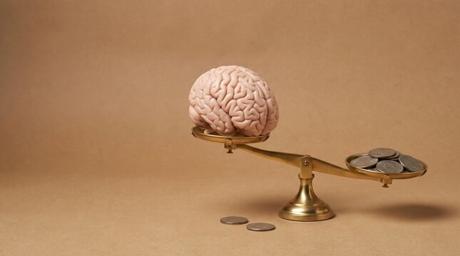 Brass balance scale tipping with anatomical brain outweighing stacked coins