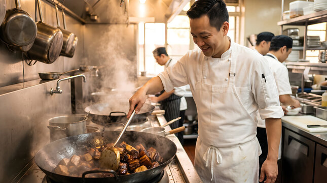 A smiling professional chef cooks in a busy commercial kitchen, stirring food in a steaming wok while other kitchen staff work in the background.