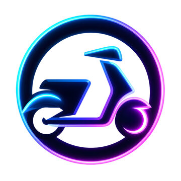 Neon glowing scooter icon inside a circular frame with vibrant blue and purple light effects.
