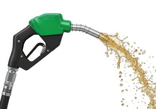 Green fuel pump nozzle spraying gas over map isolated on white background