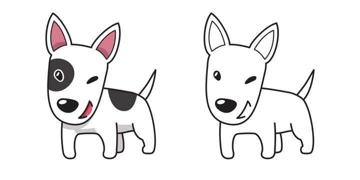 Cute Bull Terrier dog standing in color and outline version cartoon vector illustration