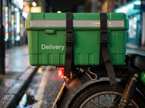 Green delivery box strapped to parked motorbike in rainy night street