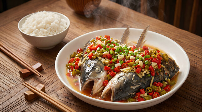 A steamed fish dish topped with mixed fresh and pickled chilies, served with a bowl of white rice on a wooden table.