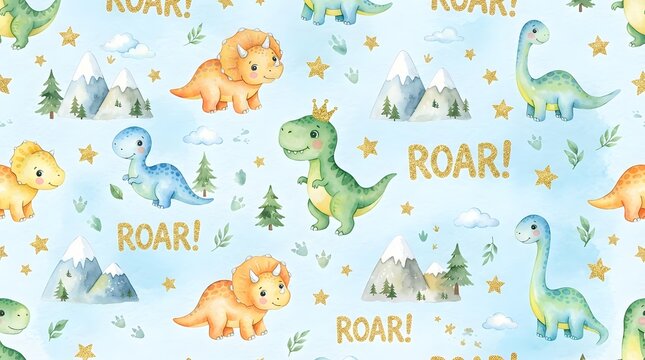 Seamless watercolor dinosaur pattern with colorful friendly dinosaurs, stars, trees and playful ROAR lettering
