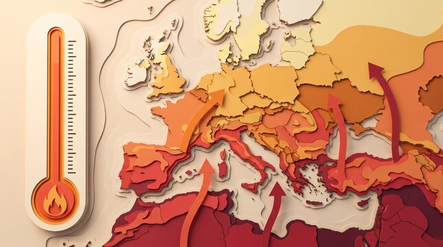 Paper cut map of Europe with thermometer and arrows showing extreme heatwave