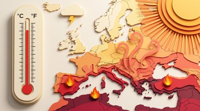 European weather map showing extreme summer heatwave with thermometer and fire icons
