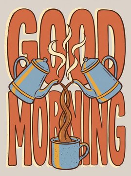 Good Morning typography poster with coffee pots pouring into steaming mug