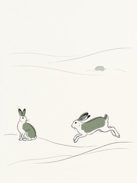 Two hares crossing snowy hillside in minimalist line art