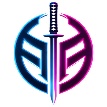 Modern abstract logo design featuring a samurai katana sword inside a circular frame with neon blue and pink gradient lighting.