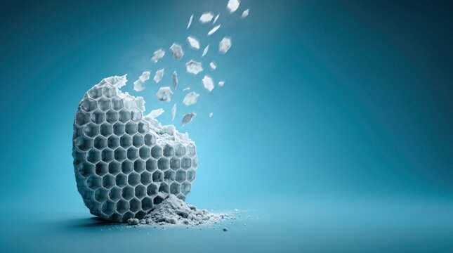 White honeycomb fragment dissolving into powder on teal backdrop