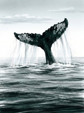 Humpback whale fluke diving into splashing ocean water painting