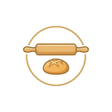 Bakery logo icon concept with rolling pin and sourdough bread loaf isolated on white background