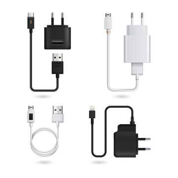 Various types of electronic chargers and cables on display on transparent background